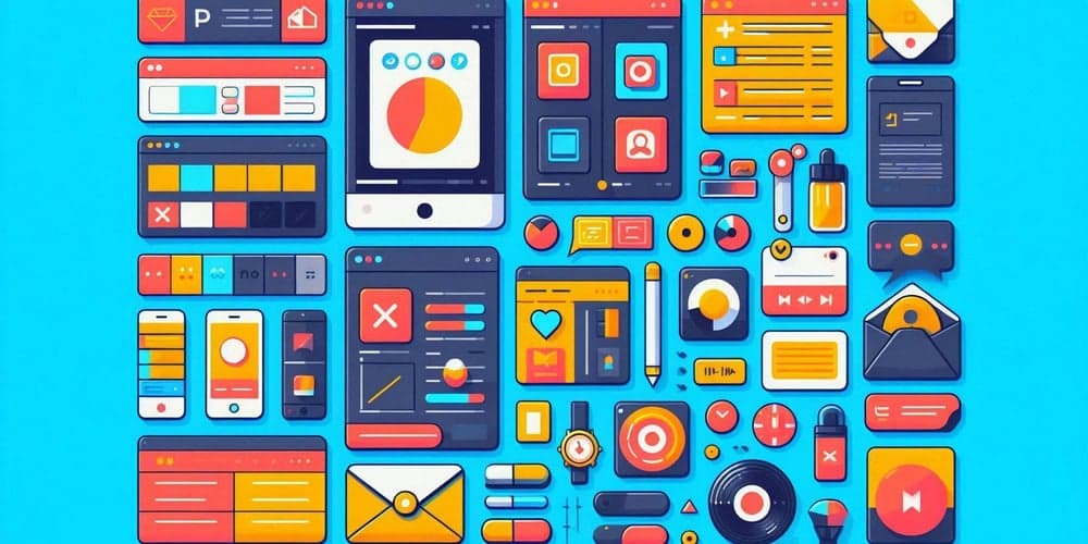 Colorful flat design illustration of a variety of digital user interface elements, including mobile screens, app icons, charts, buttons, email envelopes, and media controls, arranged in a grid on a bright blue background.