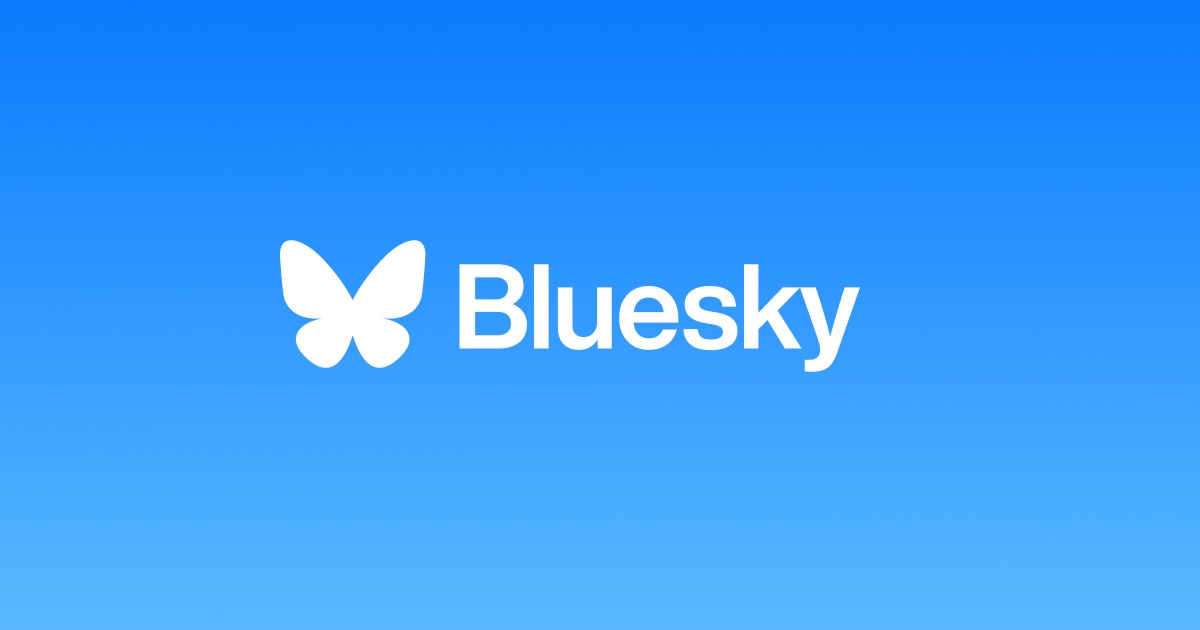 A minimalist logo for “Bluesky” set on a gradient blue background that transitions from deep blue at the top to lighter blue at the bottom. The logo is a white butterfly icon with rounded wings and gentle curves. This glyph is positioned next to the word “Bluesky” in bold, modern typography.