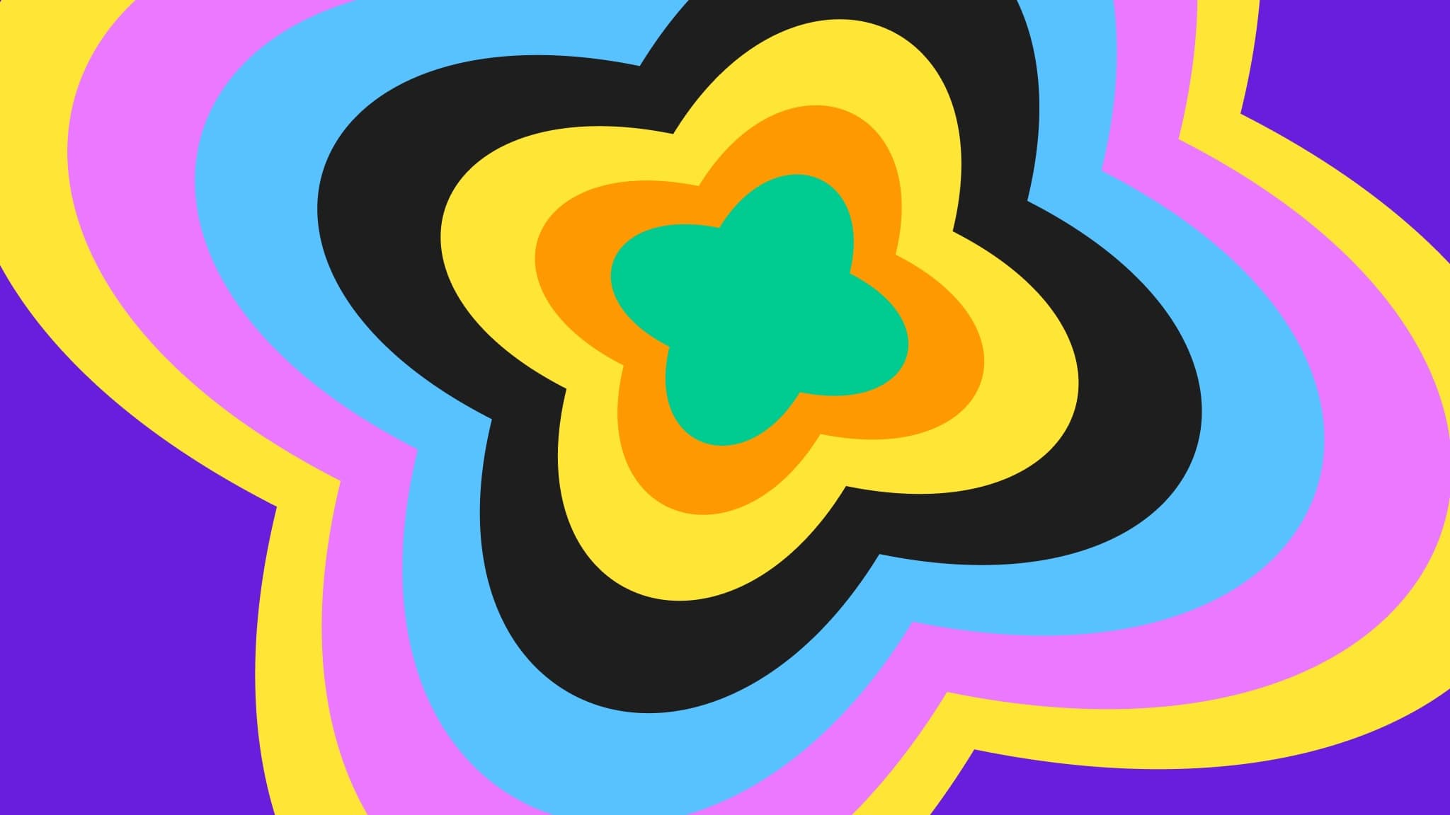 An abstract, multi-layered design composed of rounded shapes resembling a stylized flower. The shapes radiate outward in vibrant colors including green, orange, yellow, black, blue, pink, and purple, creating a bold and hypnotic effect.